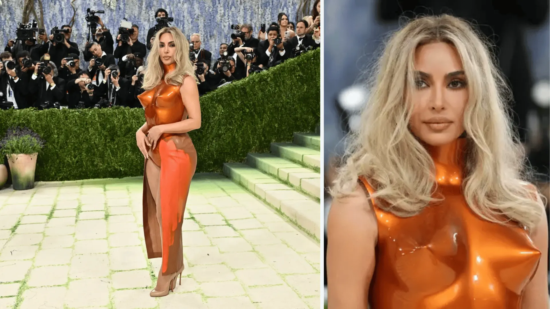 kim kardashian in sculptural orange latex bodysuit with thigh high slit at met gala 2026