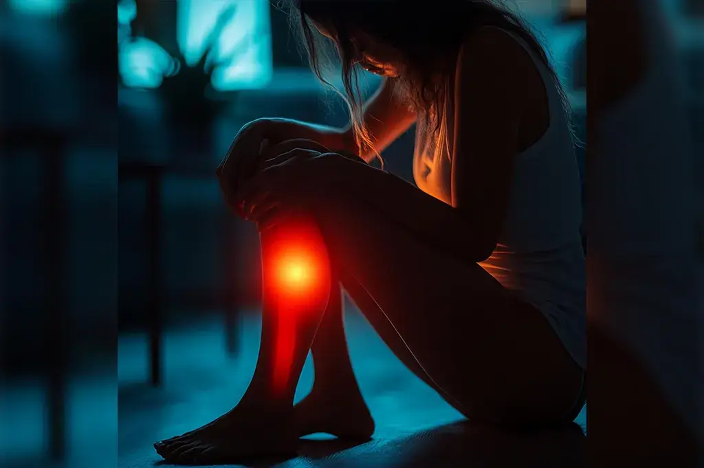 Person sitting in dark room with glowing leg in pain or discomfort