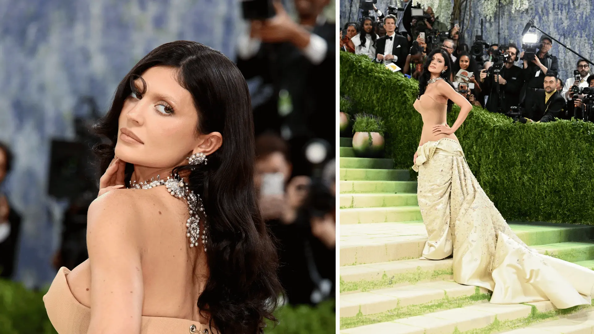kylie jenner in nude corset top and ivory embroidered skirt with crystal necklace at met gala 2026