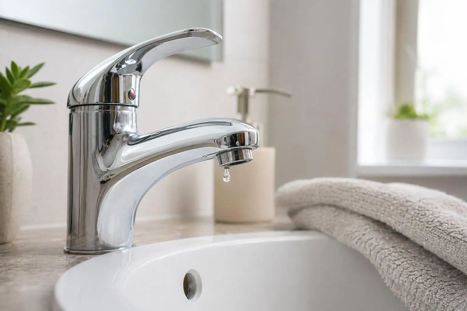Chrome bathroom faucet with a water droplet, beige towels, and potted plants in modern bathroom