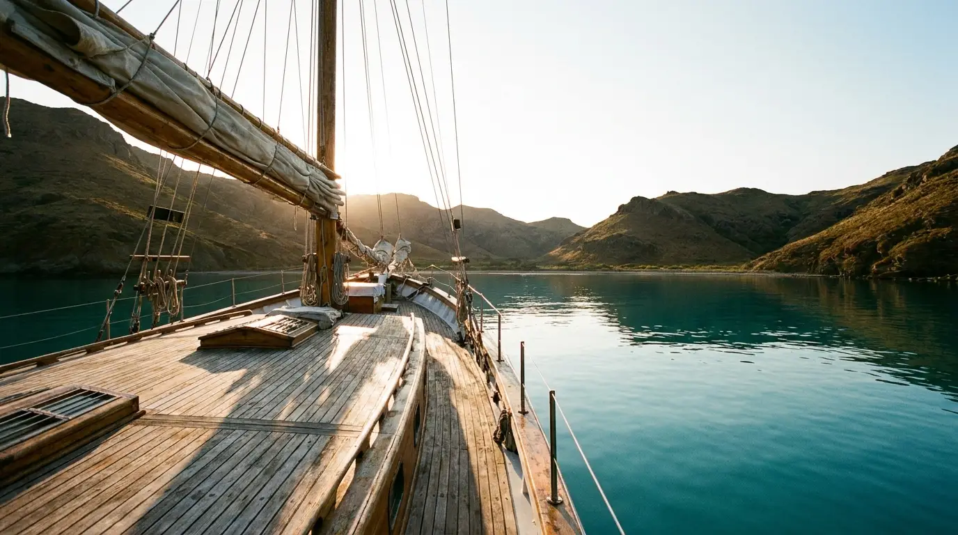 Sailboat deck overlooking calm turquoise water and scenic mountainous coastline under warm sunlight