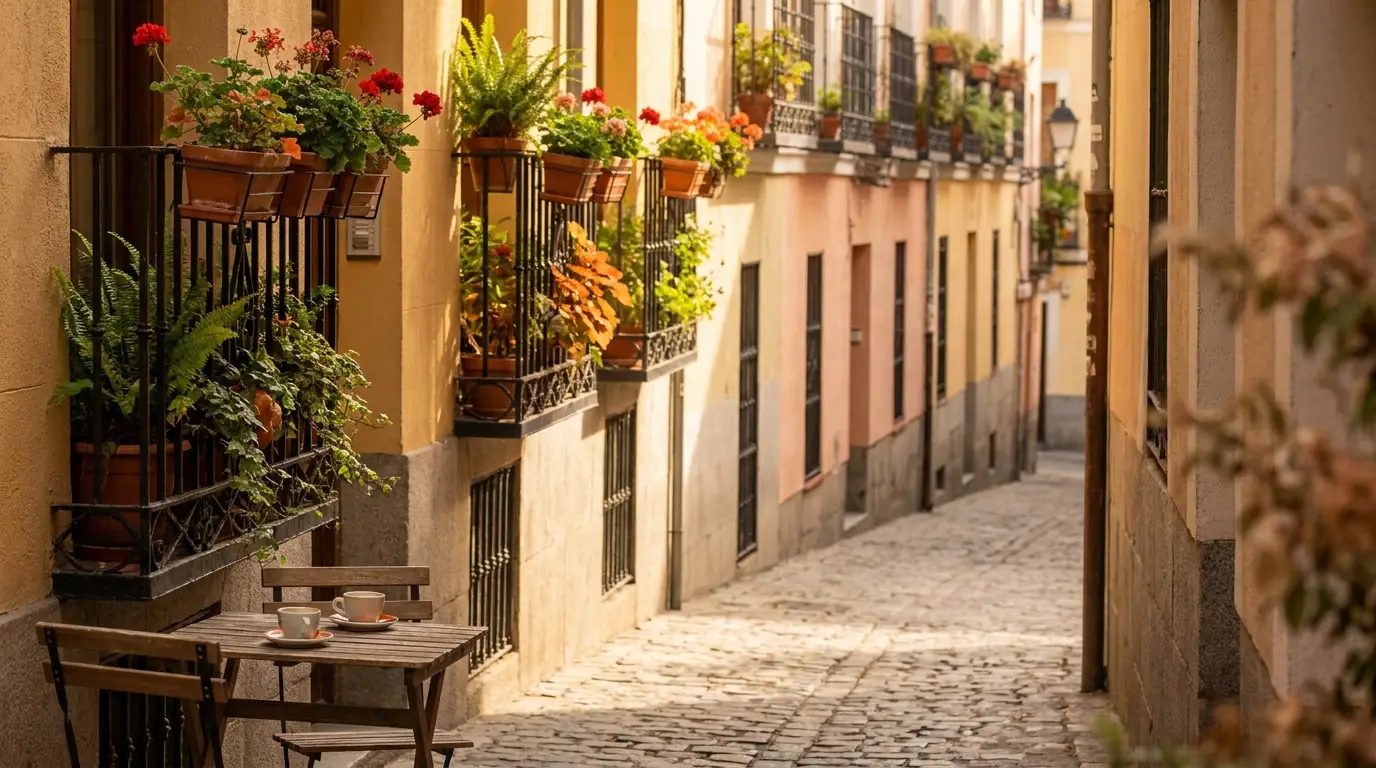 Cobblestone alley with wooden table and chairs, balconies adorned with potted plants in warm sunlight