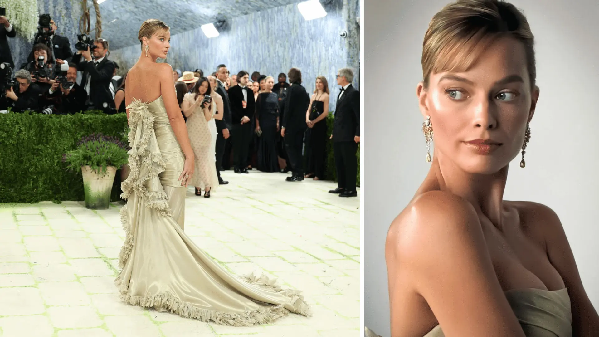 margot robbie in golden lamé chanel gown with ruffled train and crystal drop earrings at met gala 2026