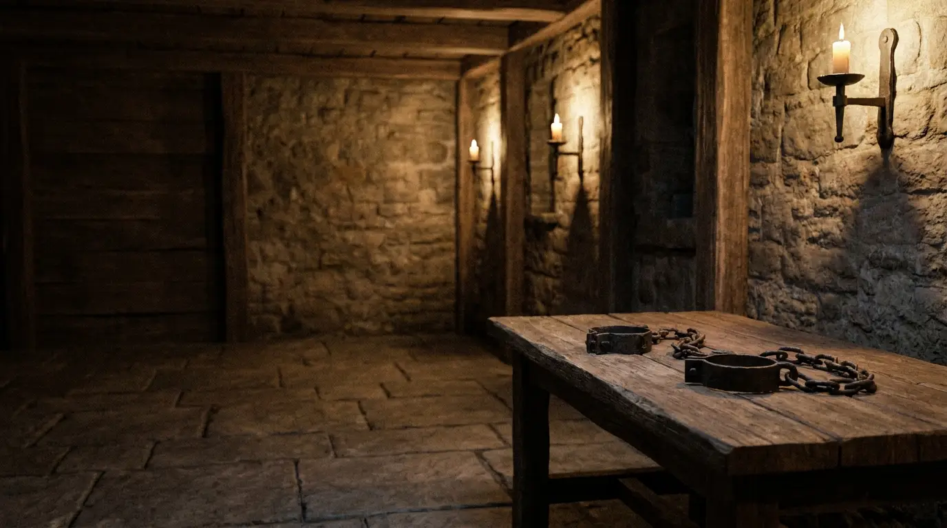 Dimly lit stone dungeon with wooden table and rusted chains under candlelight