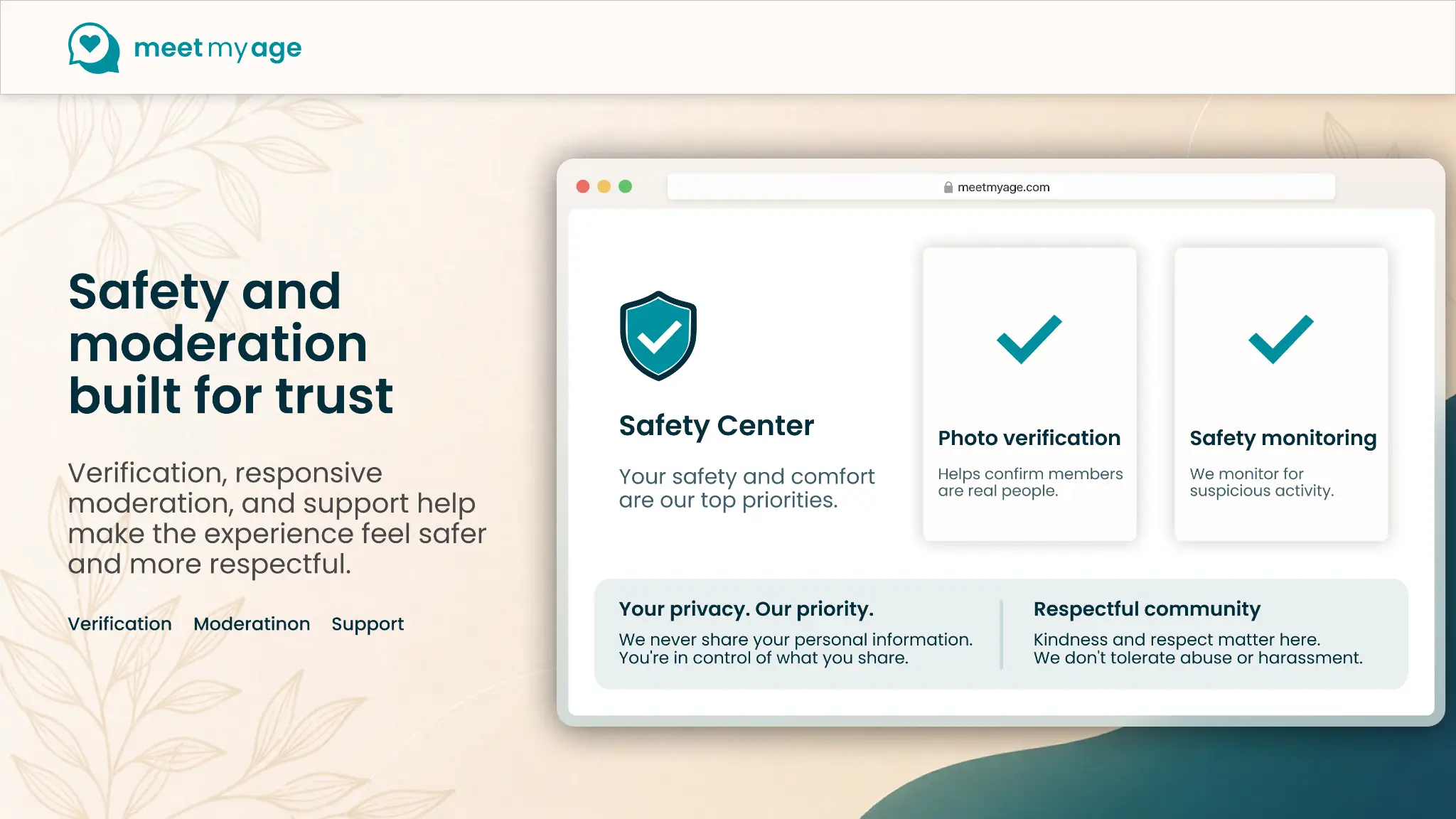 Website interface displaying safety features and verification tools with teal and beige design elements