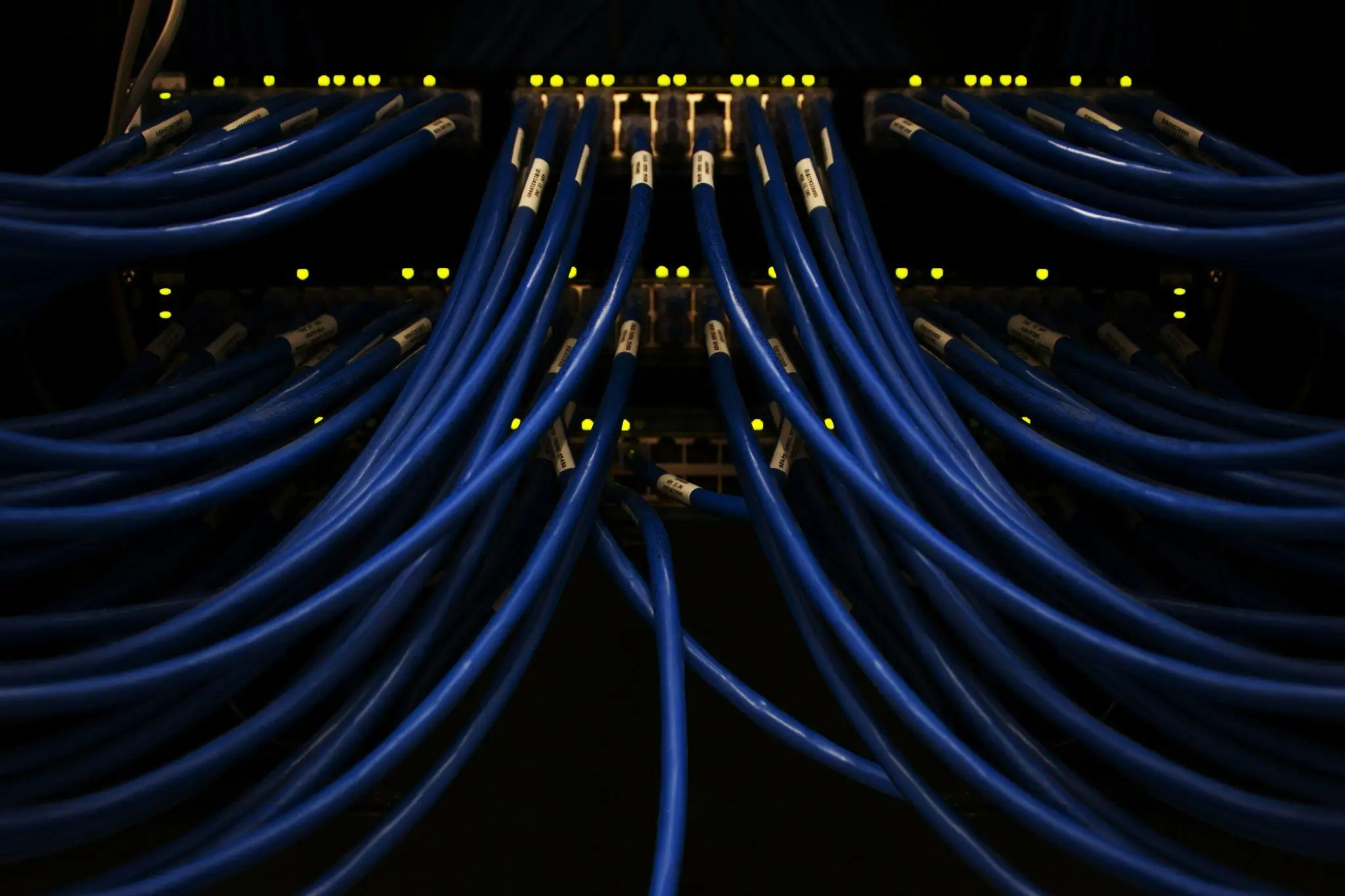 Blue network cables connected to server ports with indicator lights in a dark data center
