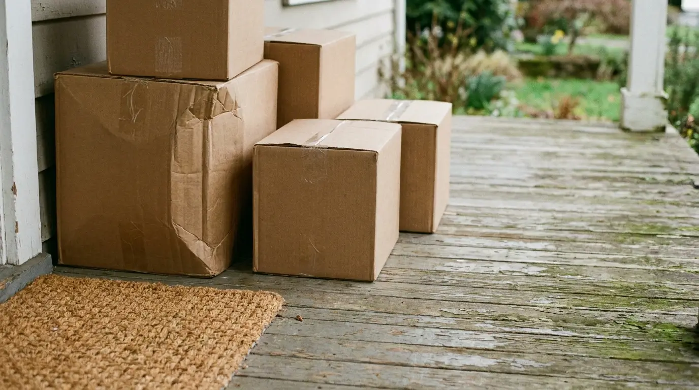 Cardboard boxes on a wooden porch with a doormat nearby