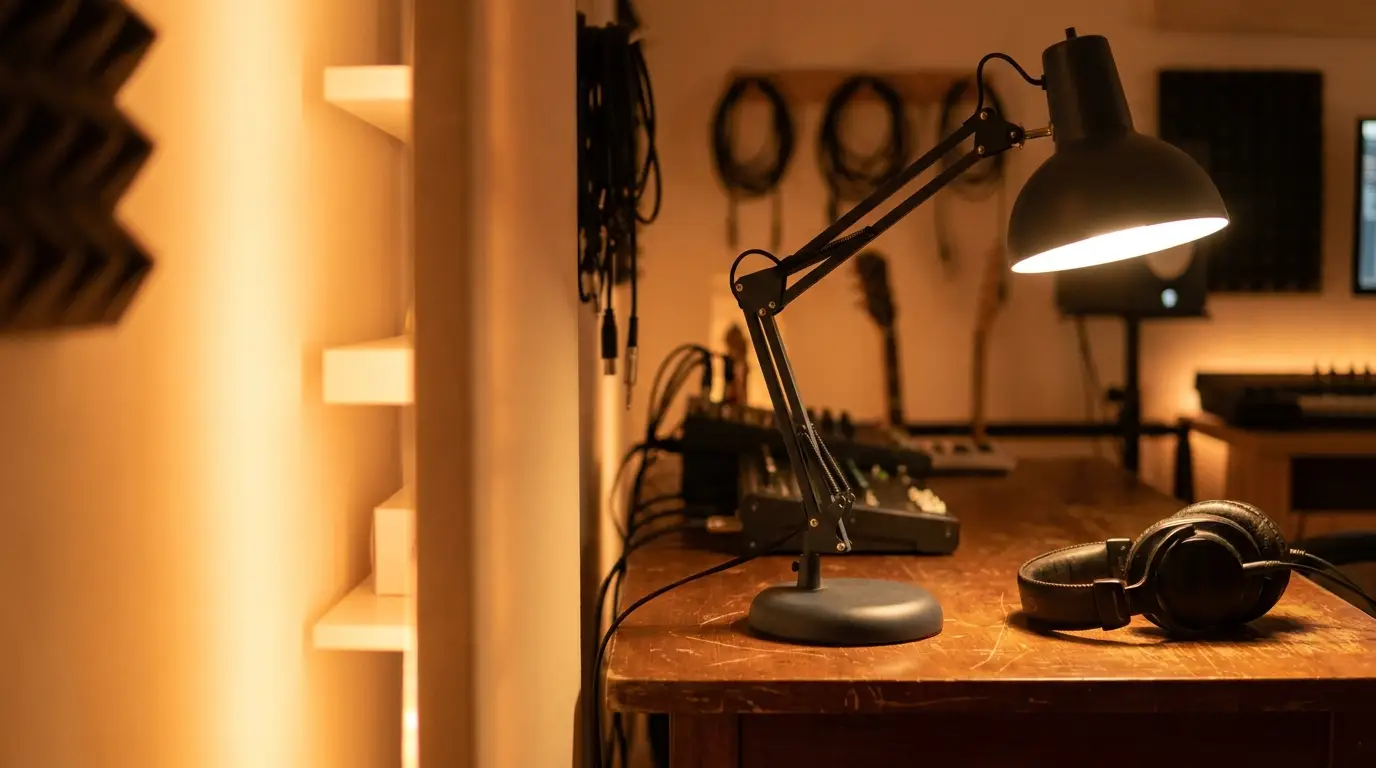 Desk with black headphones and lamp in dimly lit music studio with guitars and cables