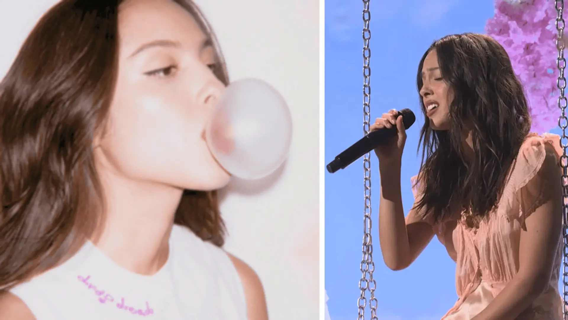 olivia rodrigo blowing a pink bubble gum in drop dead promo and performing begged live on a swing stage in a peach dress