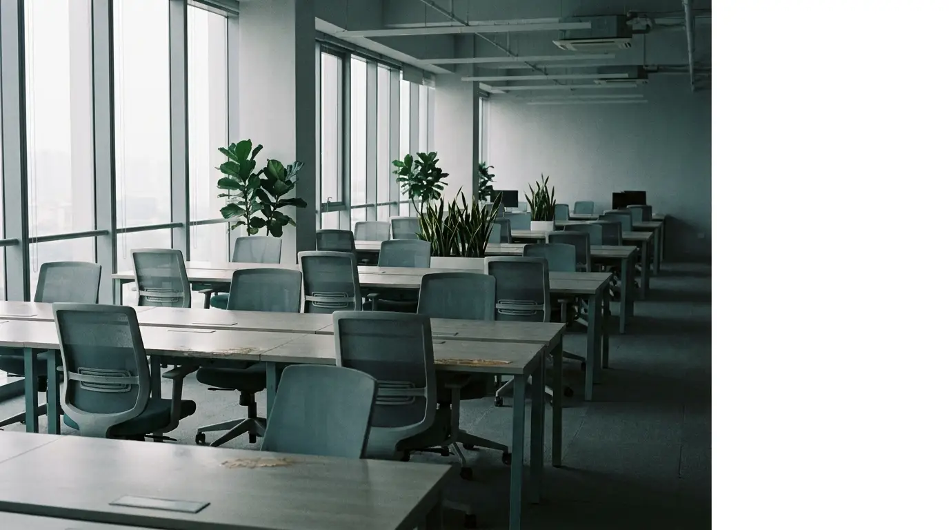 Empty modern office with rows of desks, chairs, and potted plants by large windows