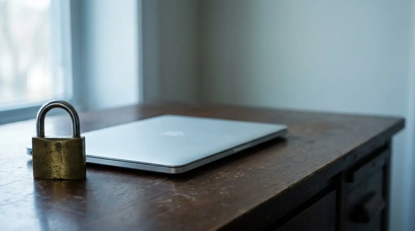 Laptop and padlock on wooden desk near window in soft daylight