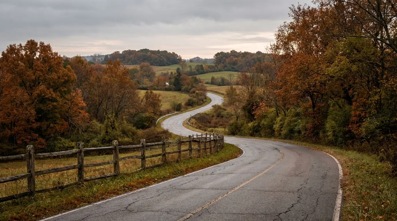 Winding country road lined with autumn trees and wooden fence under cloudy sky