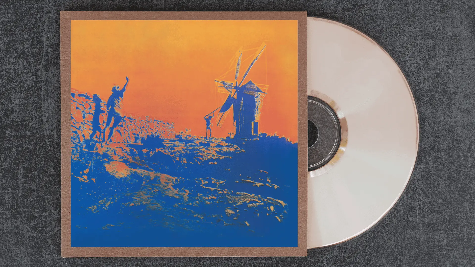 pink floyd more soundtrack album cover with solarised figures and a windmill in deep blue and orange tonespink floyd more soundtrack album cover with solarised figures and a windmill in deep blue