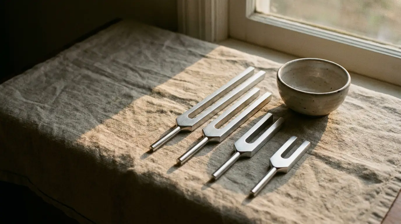 Tuning forks and ceramic bowl on linen cloth near window in soft natural light
