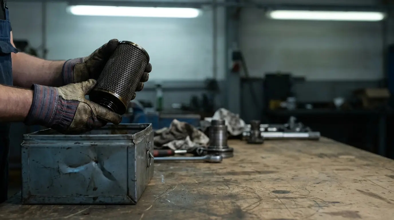 Mechanic holding a cylindrical filter near a metal box in a dimly lit workshop