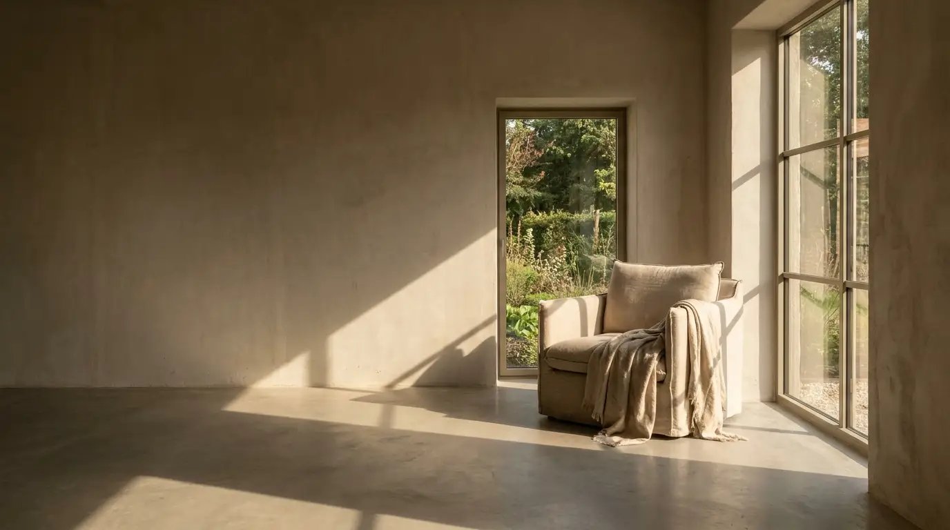Cozy armchair with throw blanket by sunlit window in minimalist room