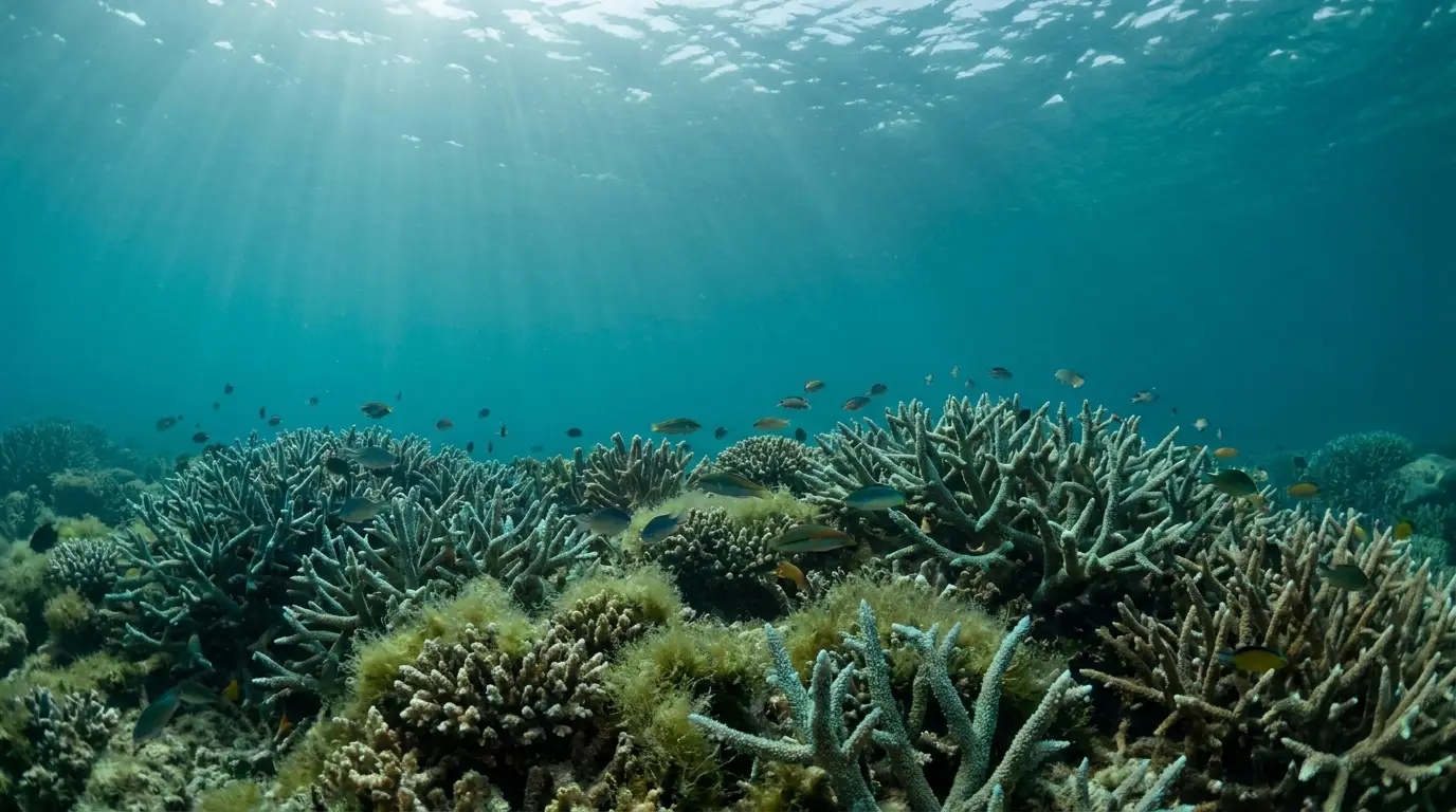 Coral reef underwater with various fish swimming under sunlit water
