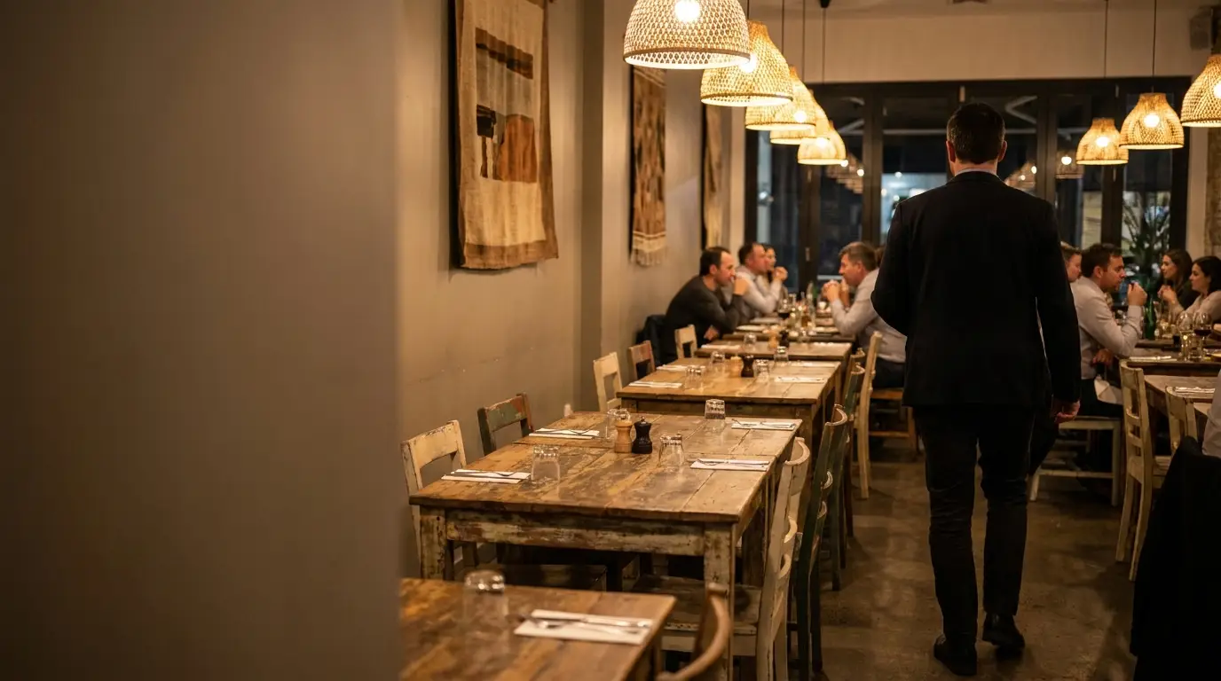 Cozy restaurant interior with wooden tables, pendant lighting, and groups of people dining