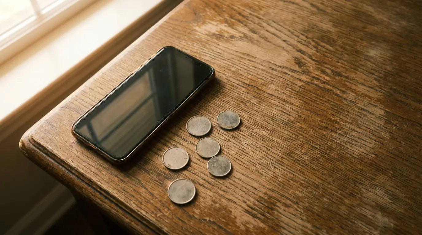 Smartphone and coins on a wooden table in warm, natural light