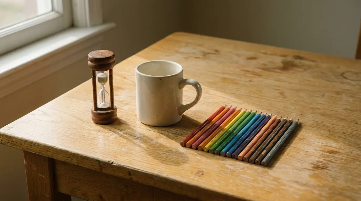 Cup, hourglass, and colored pencils neatly arranged on wooden table by window in natural light