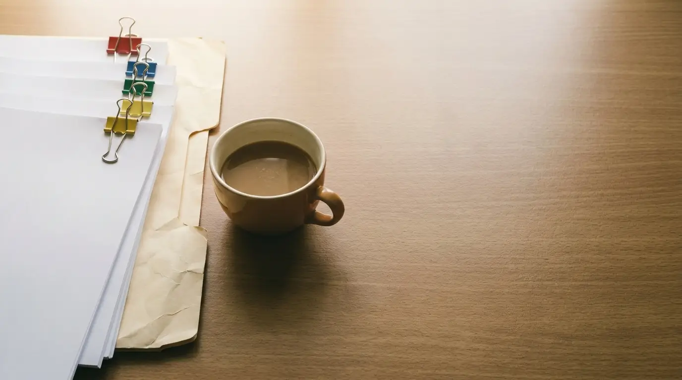 Stack of papers with colorful clips next to a coffee cup on wooden desk