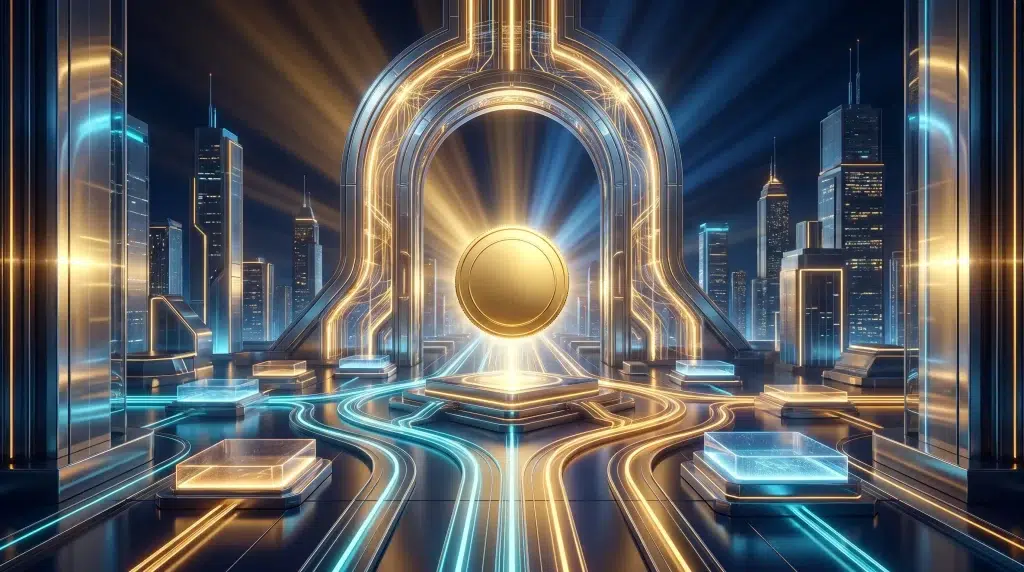 Futuristic golden archway with radiant circle surrounded by glowing skyscrapers at night