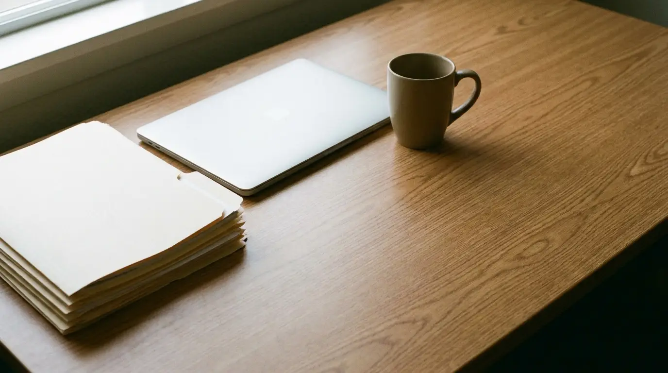 Laptop, coffee cup, and stack of folders on wooden desk in natural light