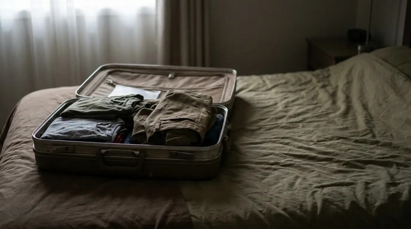 Open suitcase with neatly folded clothes on bed in dimly lit bedroom