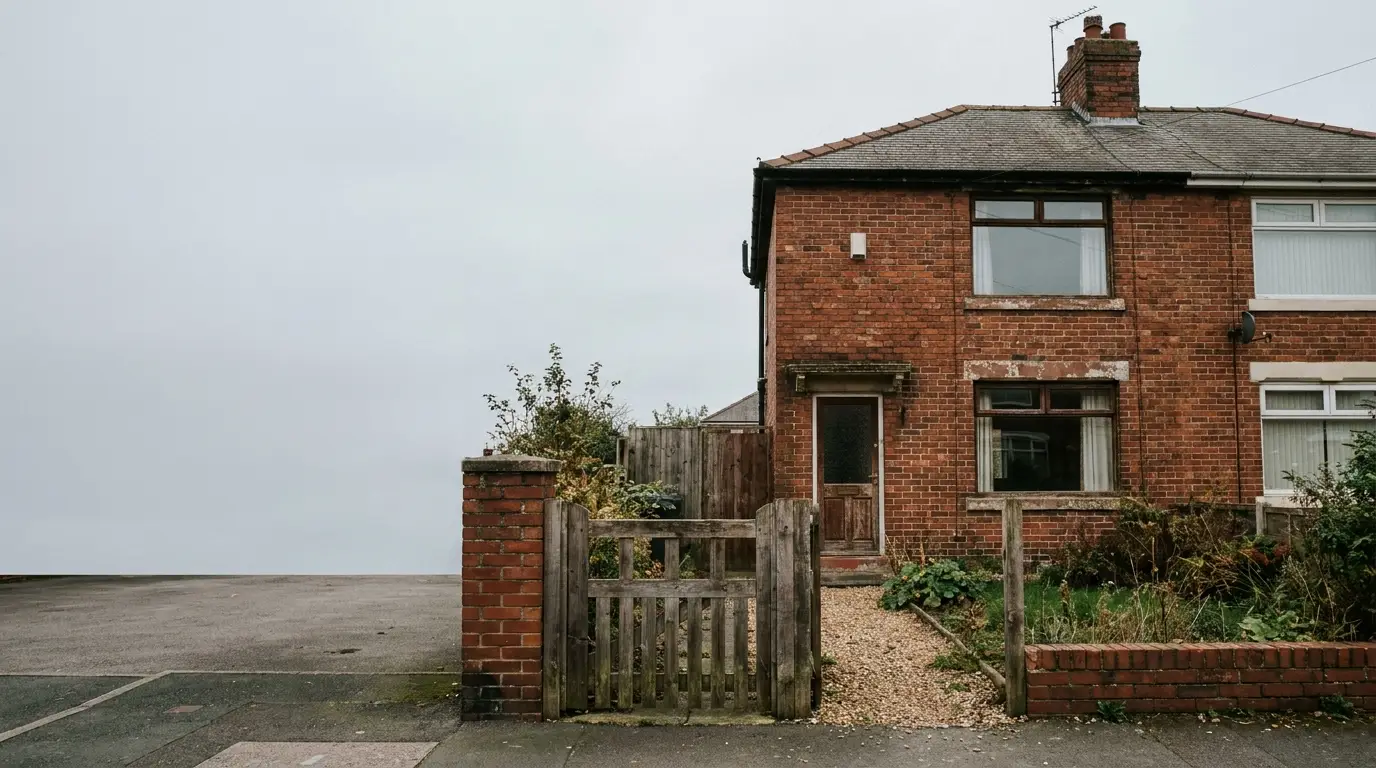 Brick house with wooden gate and small garden in overcast weather