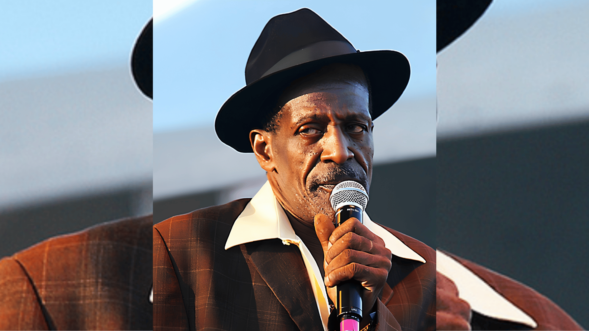 veteran reggae artist in fedora and plaid blazer singing into microphone during live performance.