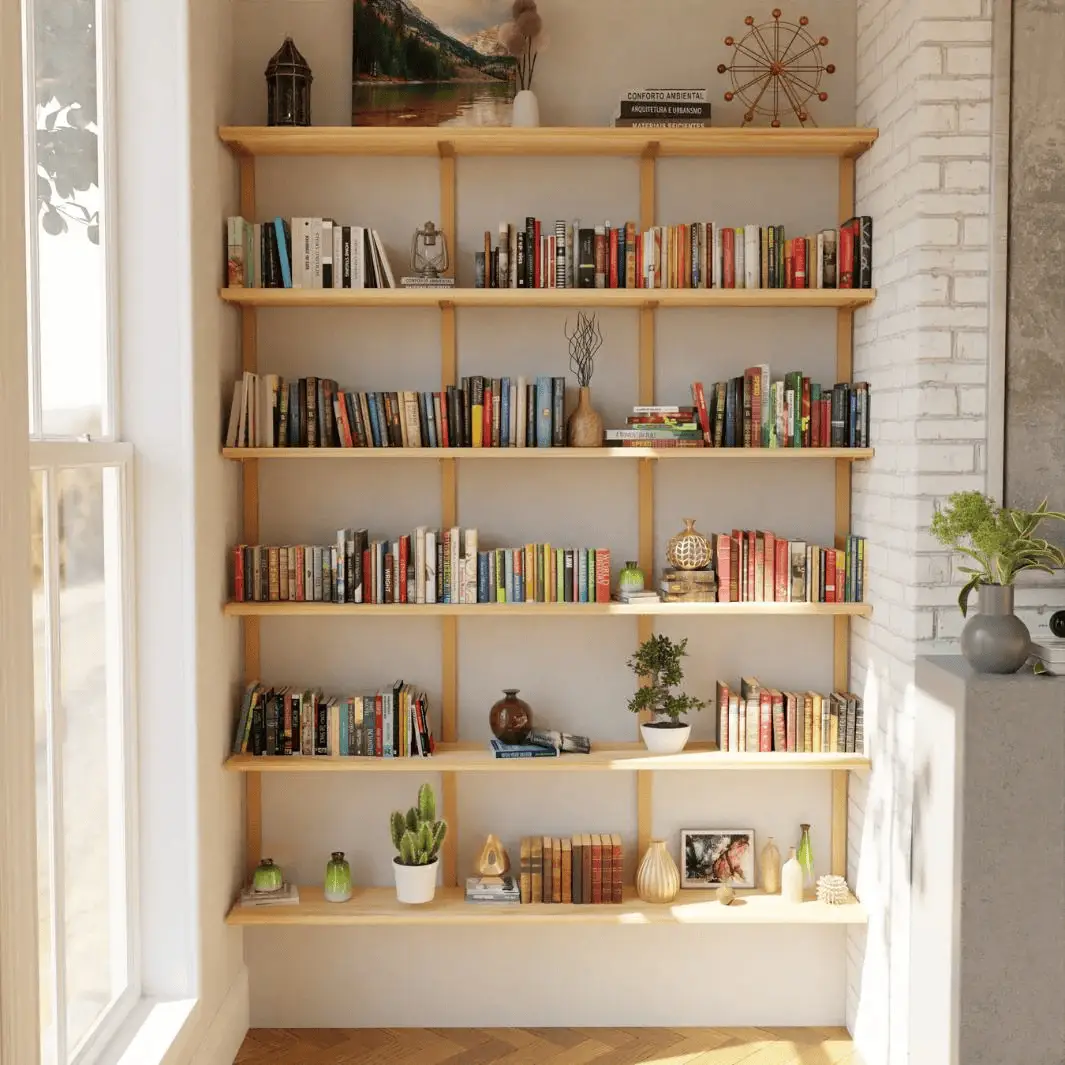 Wooden bookshelf filled with books and decorative items in bright living room with natural light