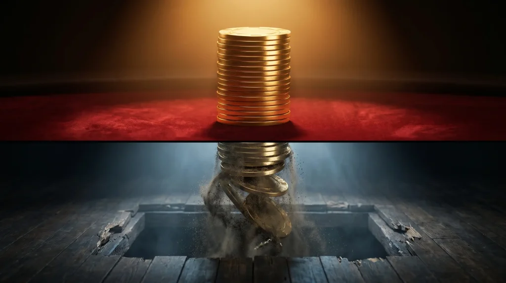 Stack of gold coins falling through a wooden floor in a dimly lit room