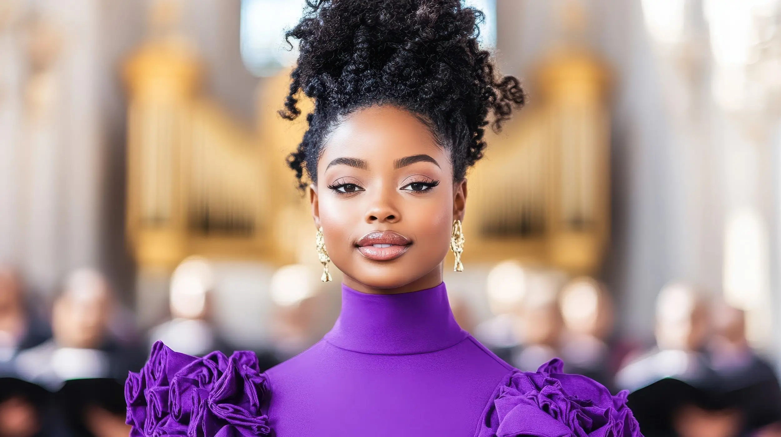 Elegant woman in purple dress with organ pipes in background at church