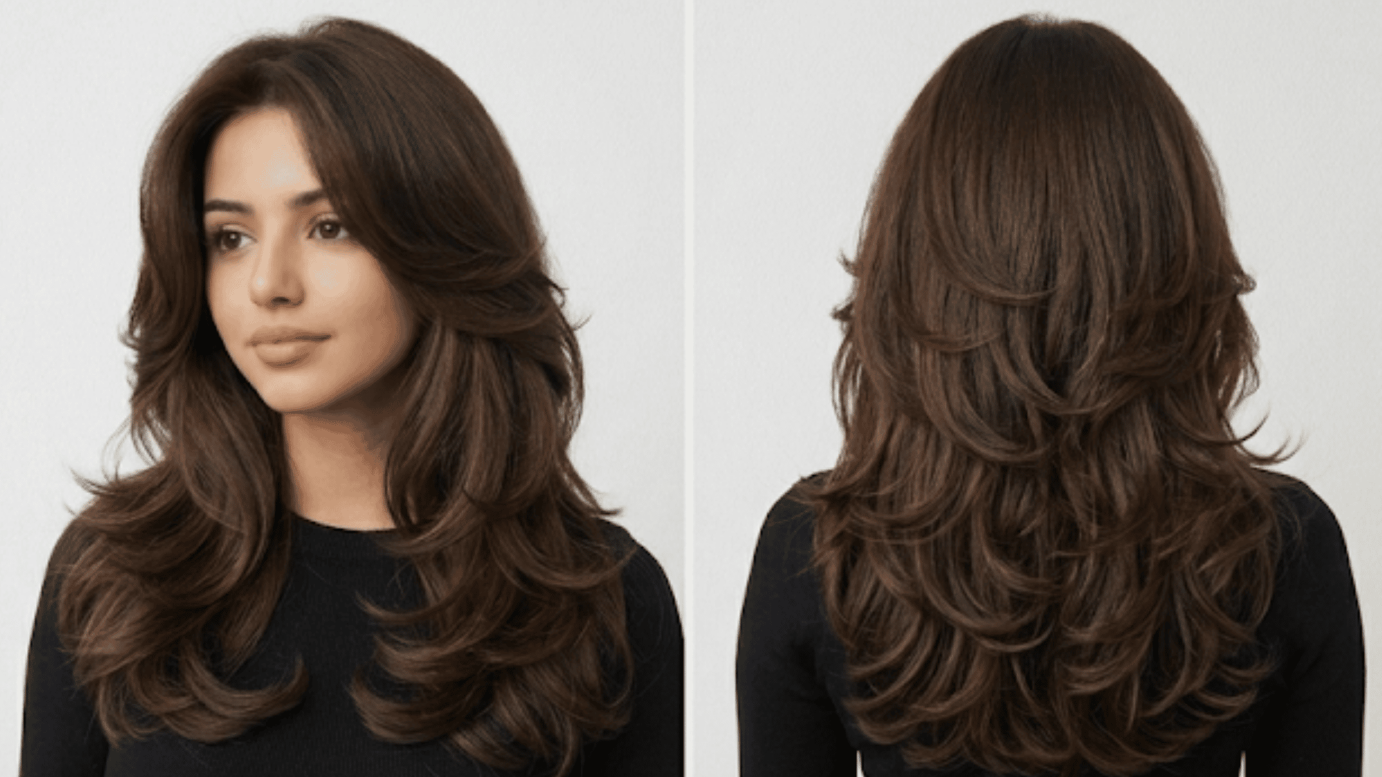 Woman with chestnut brown butterfly cut showing soft, blended crown layers and feathered face-framing ends