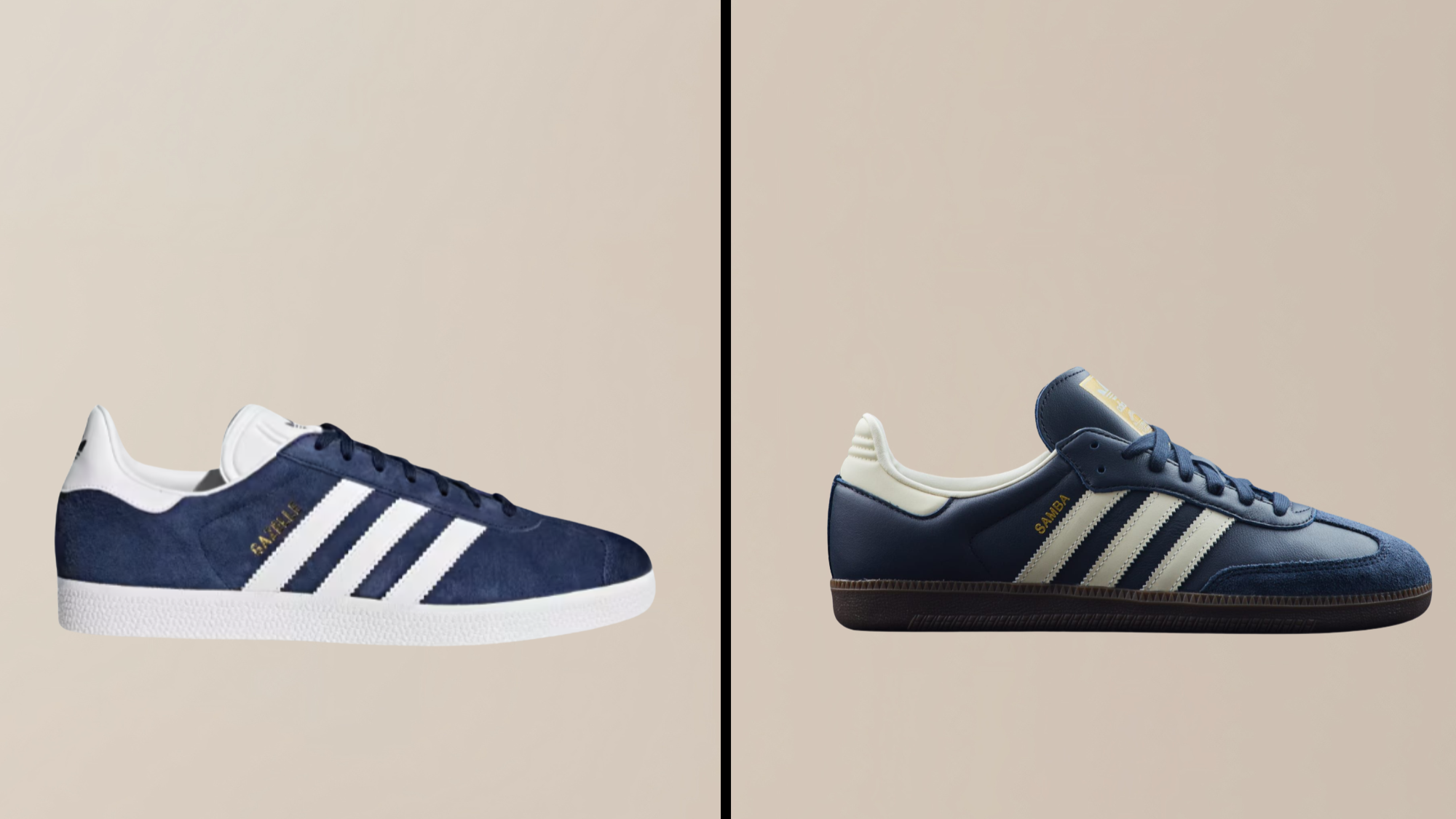 Adidas Samba and Gazelle side by side, showing differences in shape, sole, and material for style comparison.