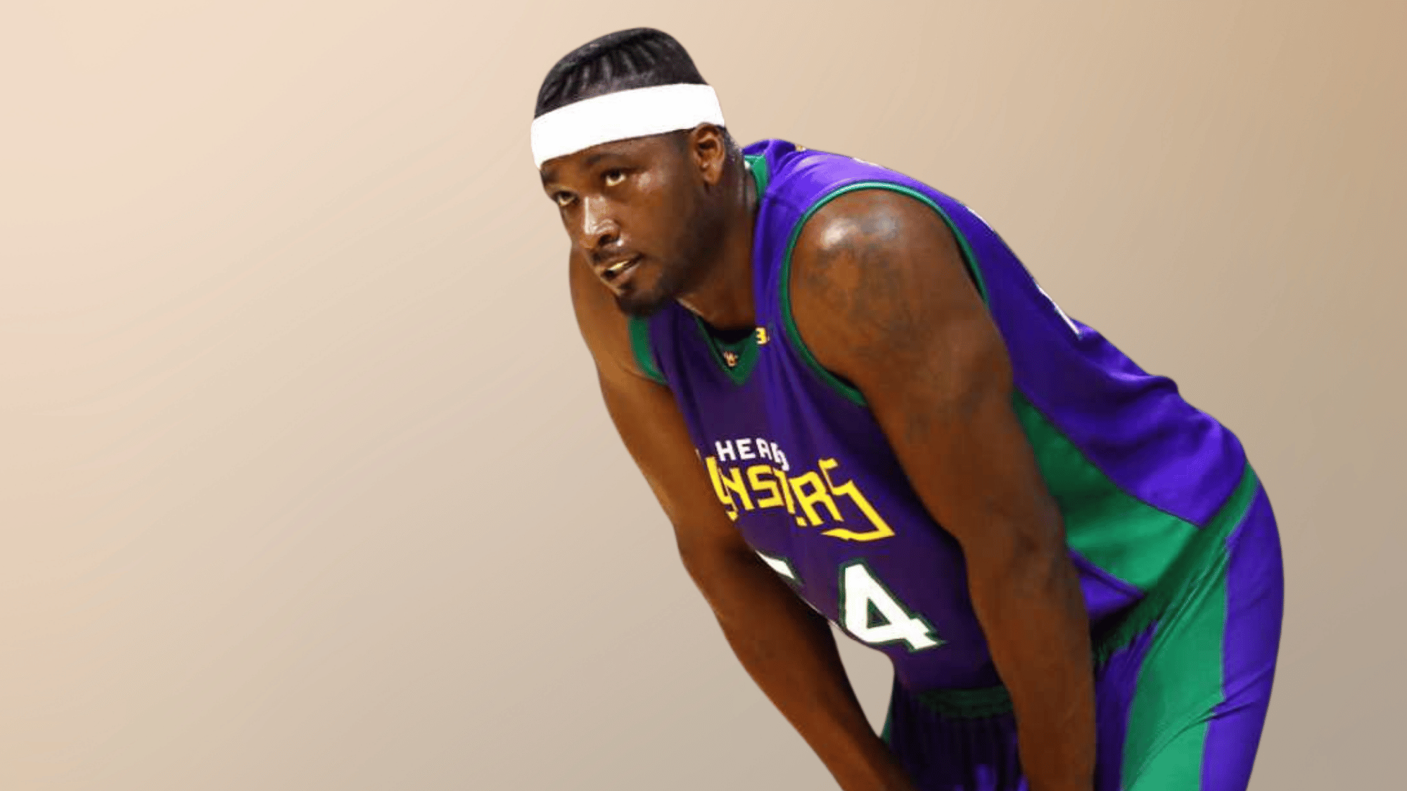 Kwame Brown leaning forward in purple-green NBA jersey, representing his earned and lost wealth.
