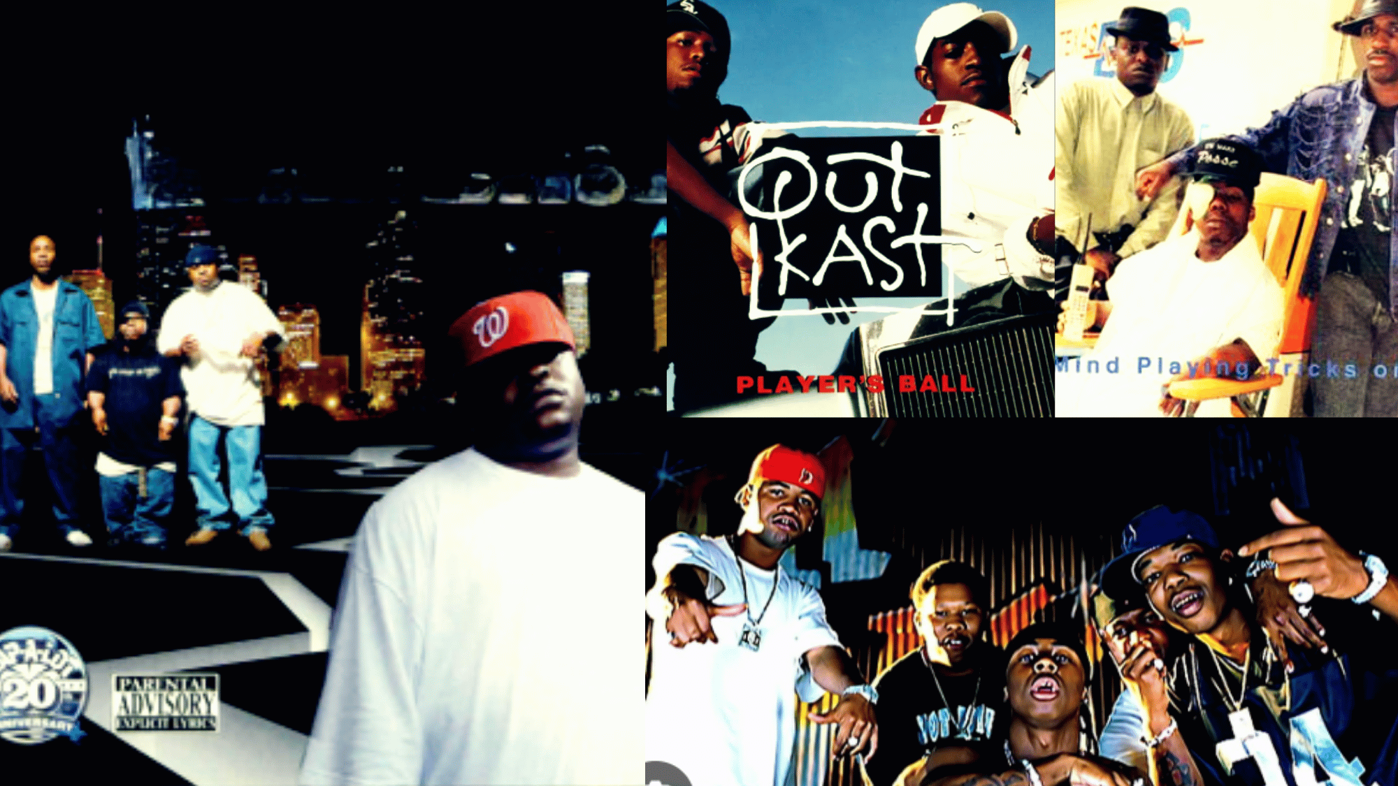 Album covers and artist photos of OutKast, Bone Thugs-N-Harmony, Geto Boys, and UGK representing the best Southern and Midwest rap anthems of the 90s.