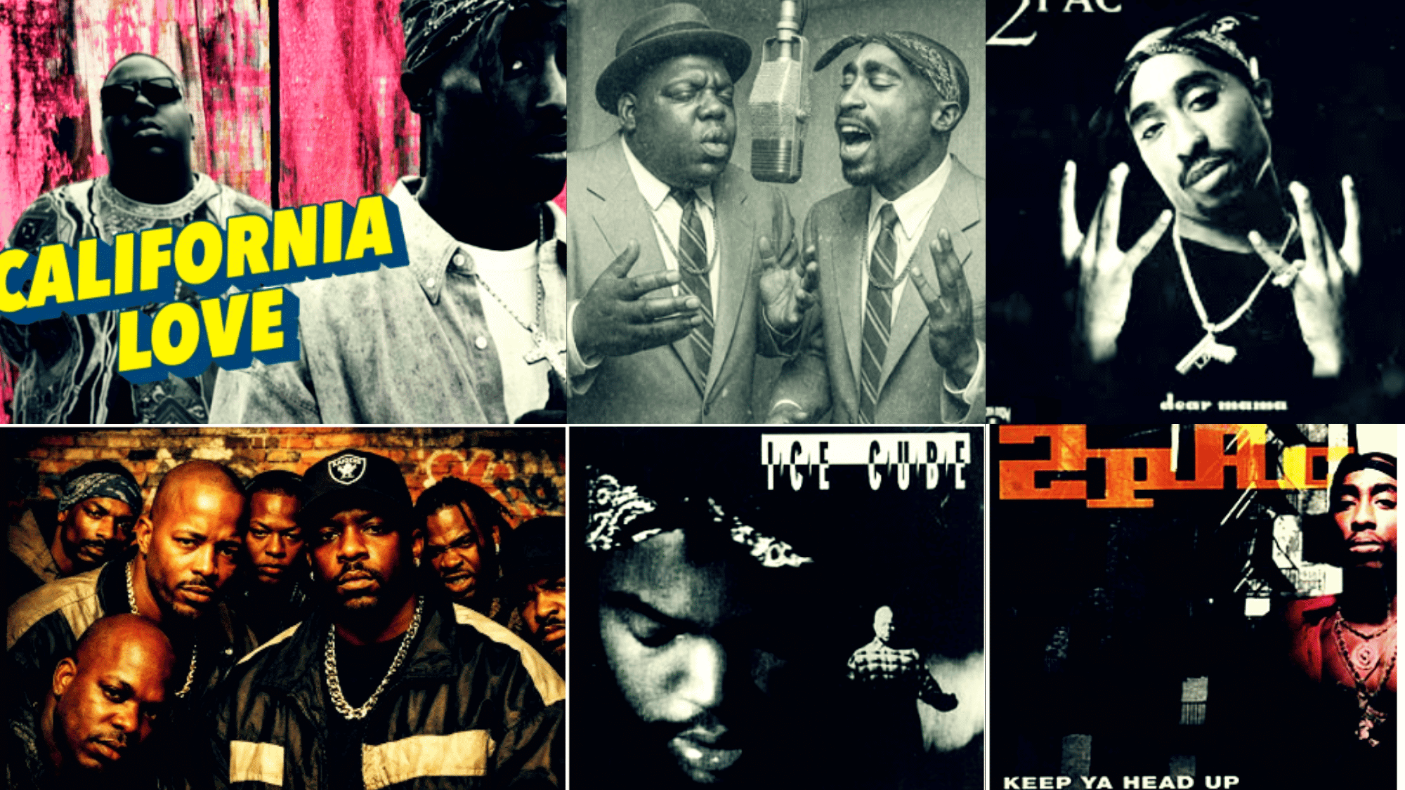 Album covers and artist photos of 2Pac, Dr. Dre, Snoop Dogg, and Ice Cube representing the best West Coast G-funk and gangsta rap hits of the 90s.