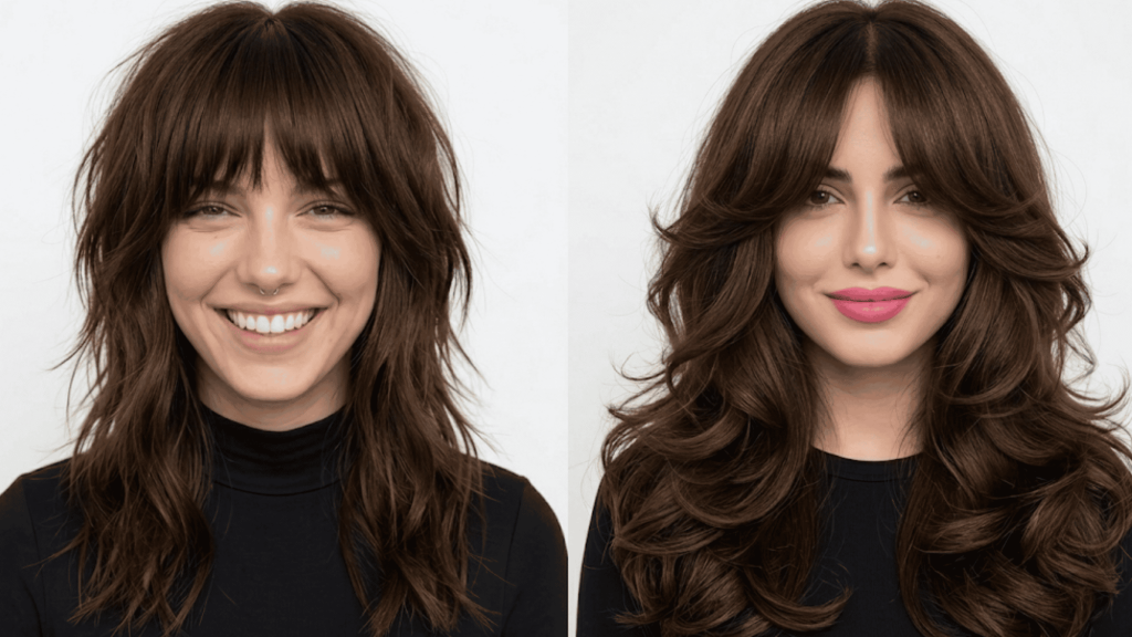 Wolf cut with choppy layers and bangs vs butterfly cut with voluminous curled layers on brown hair.
