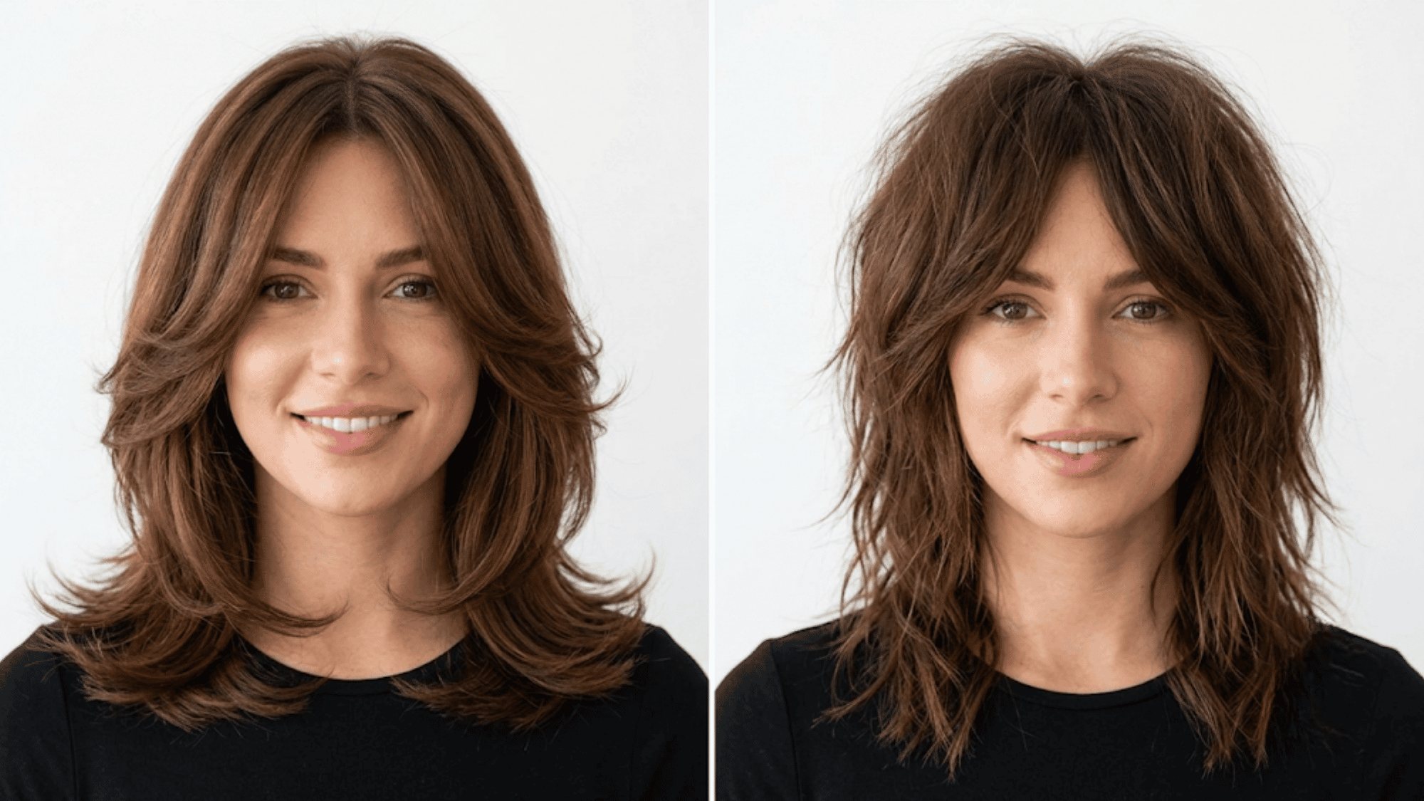 Side by side comparison of <echighlighted>butterfly cut vs wolf cut</echighlighted> on women with same length chestnut brown hair