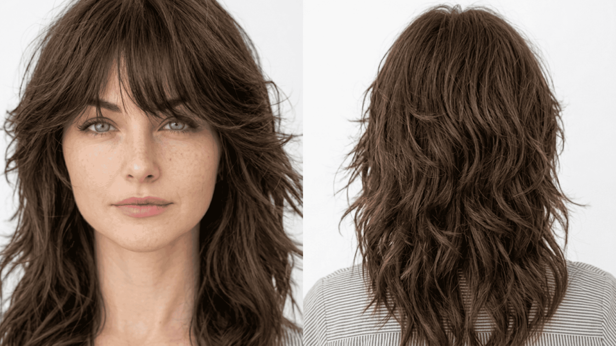 Woman with dark brown wolf cut showing choppy crown layers, high volume, and wispy textured ends