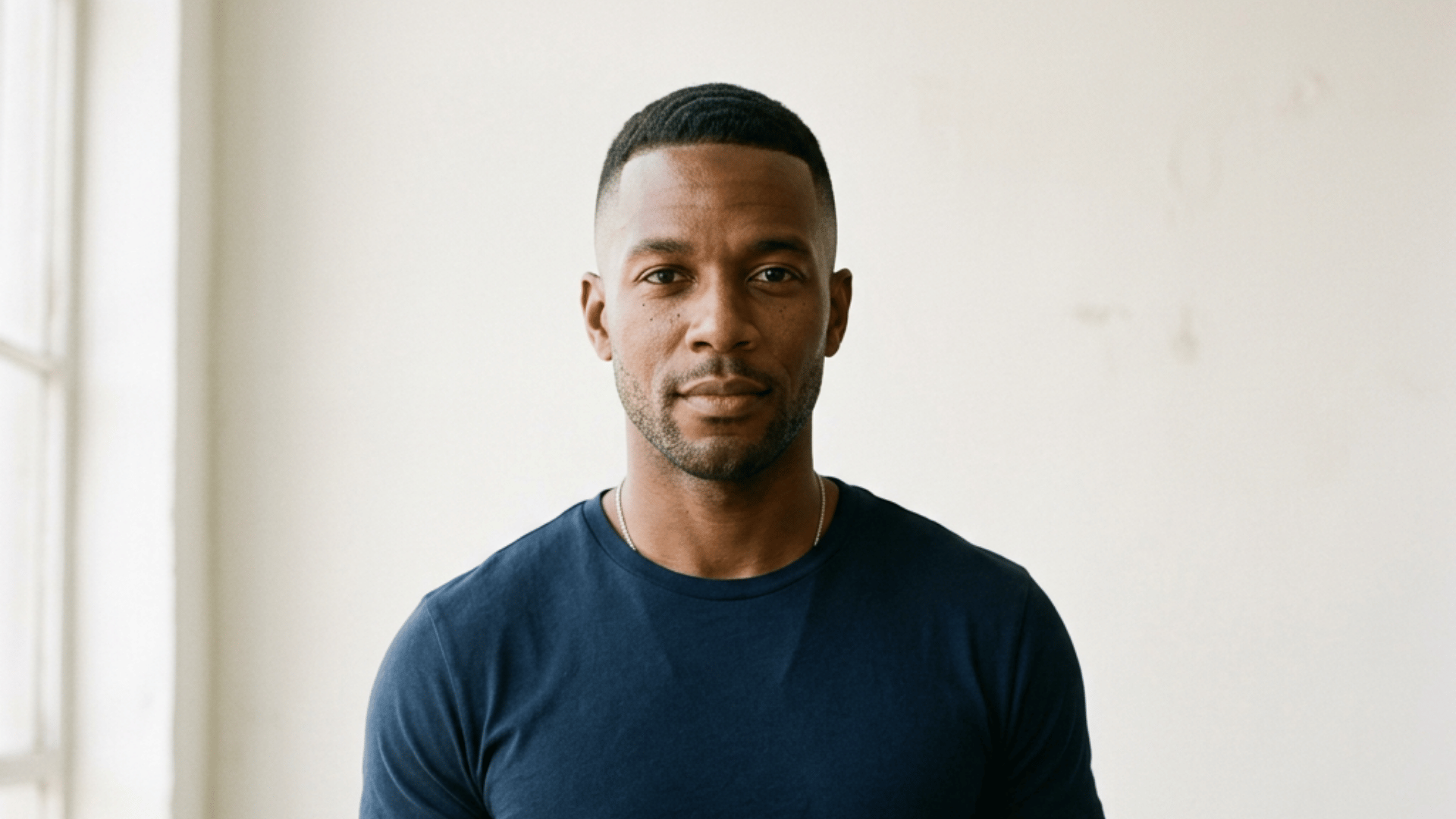 a man in a navy shirt stands beside a bright window in a simple indoor space with a calm expression