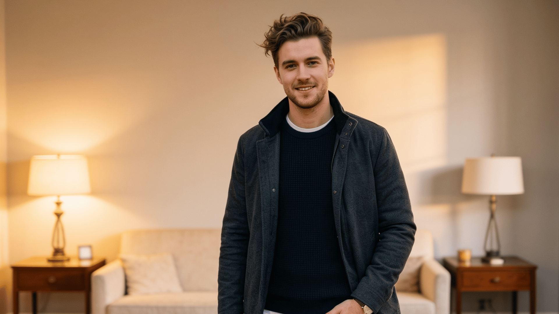 a smiling man in a dark jacket stands in a cozy living room with lamps a sofa and sunlit window
