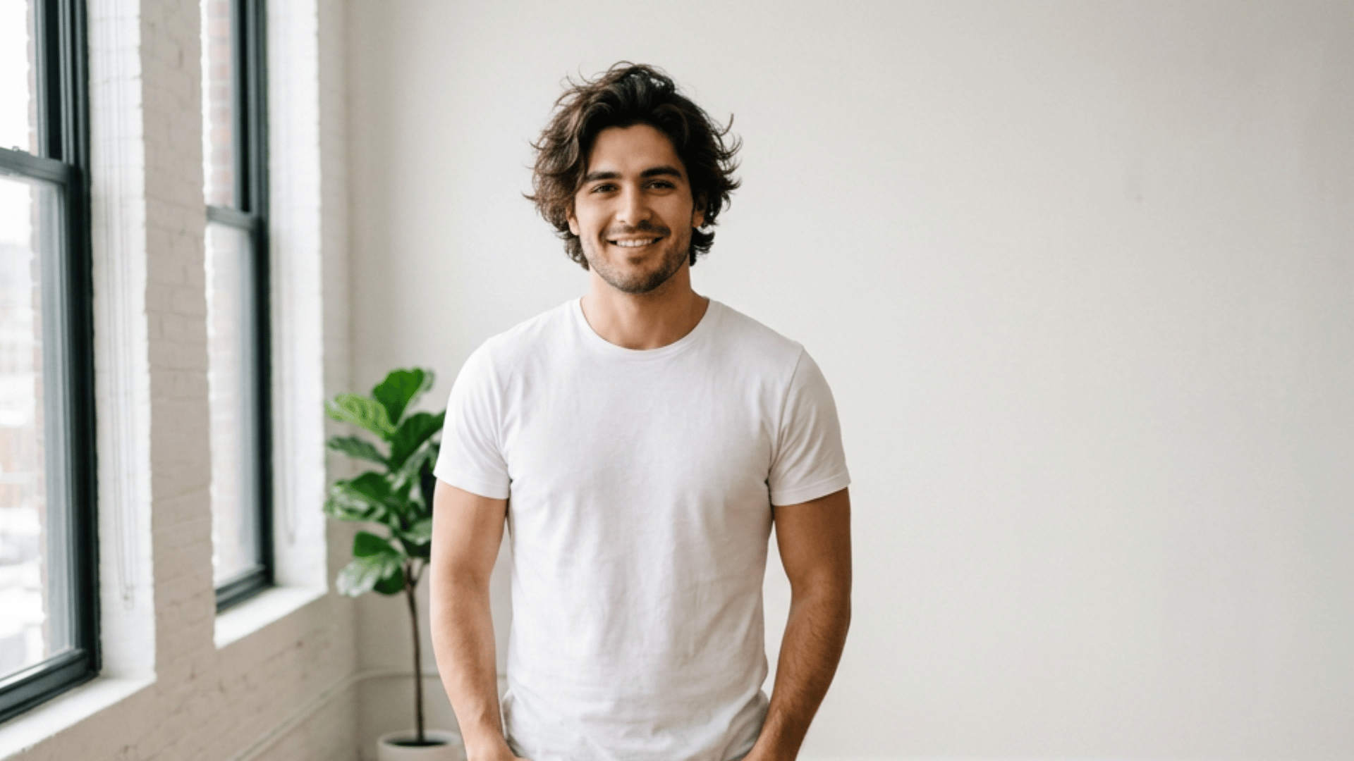a smiling man in a white shirt stands with hands in pockets near large windows in a bright apartment with wood floors