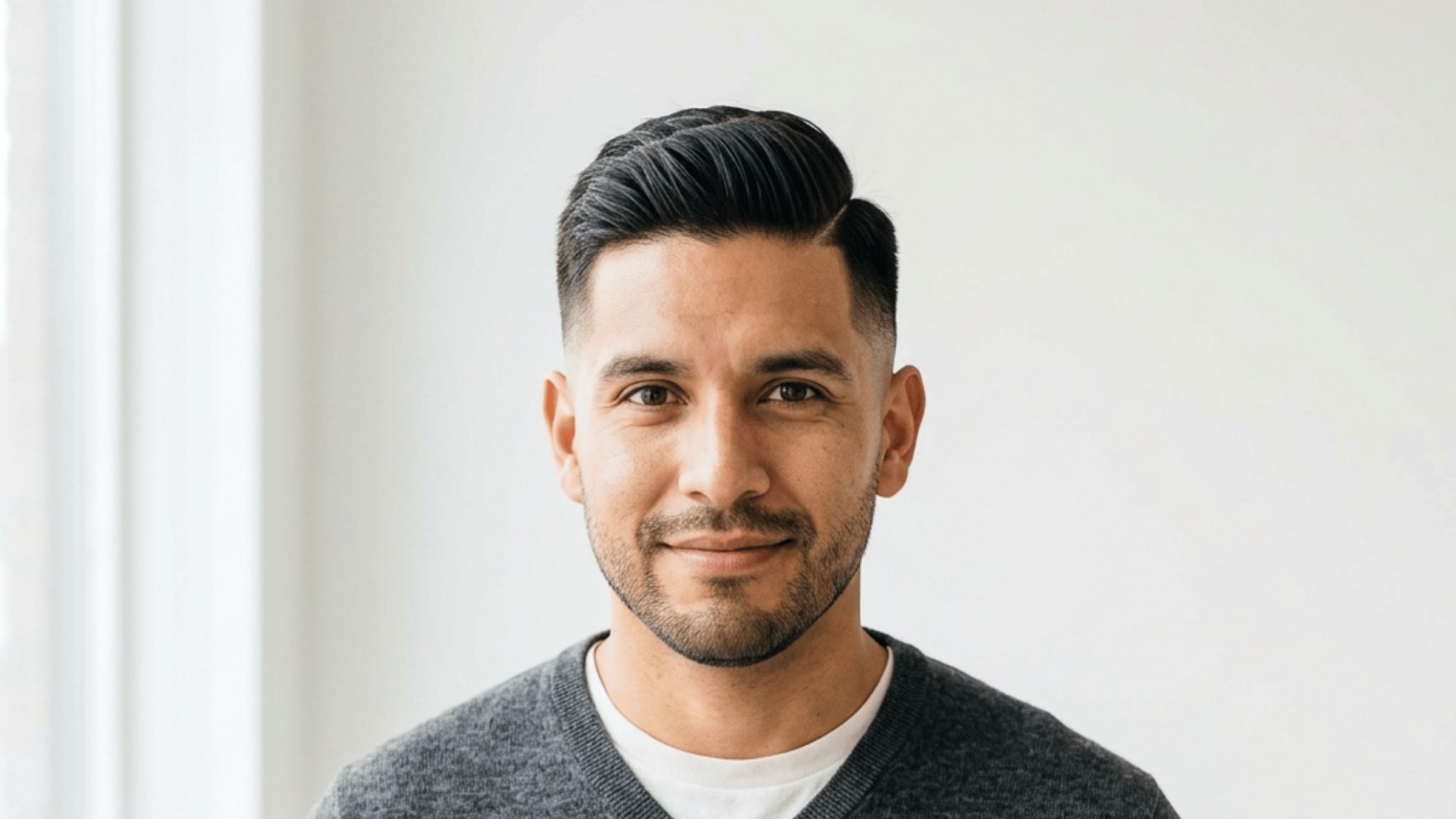a smiling man with neatly styled dark hair wears a gray sweater while standing near a bright window indoors