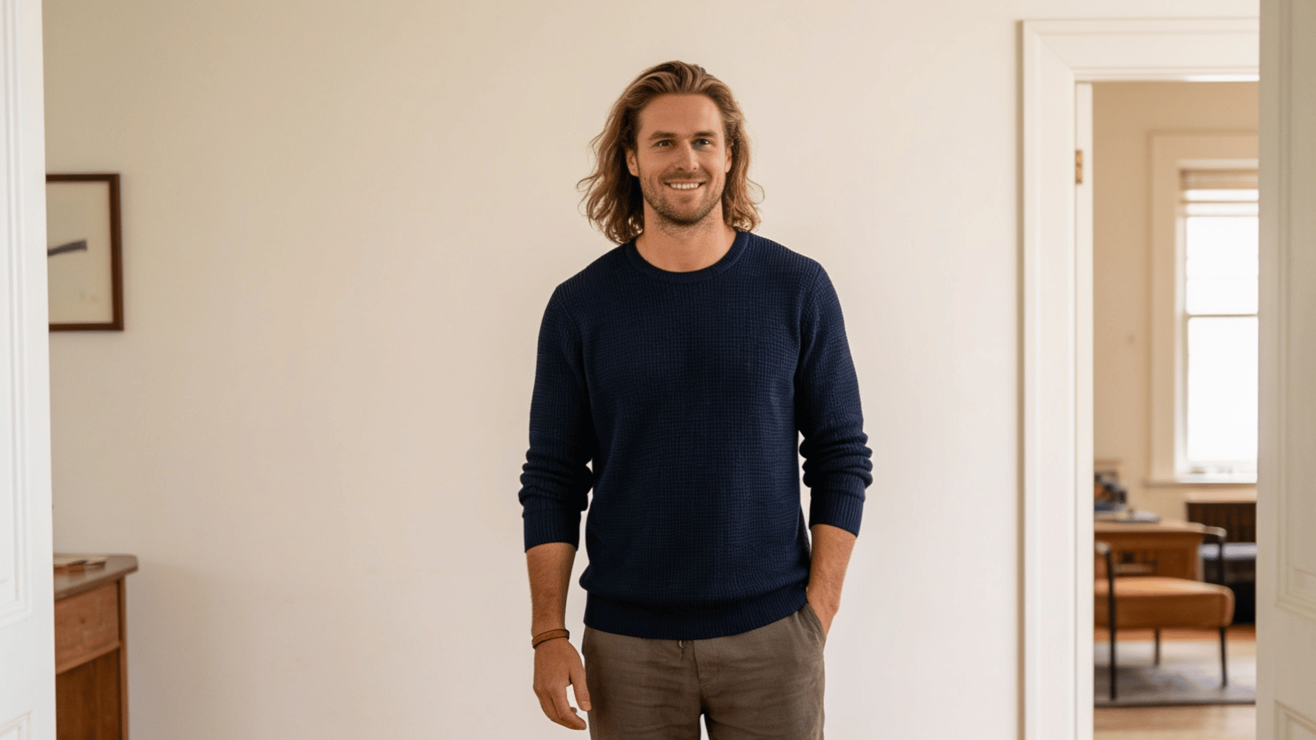 a smiling man with shoulder length hair wears a navy sweater and brown pants while standing in a bright doorway