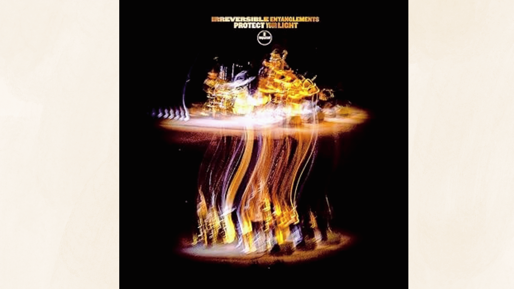 abstract jazz album cover with glowing blurred light trails and distorted golden reflections on dark background