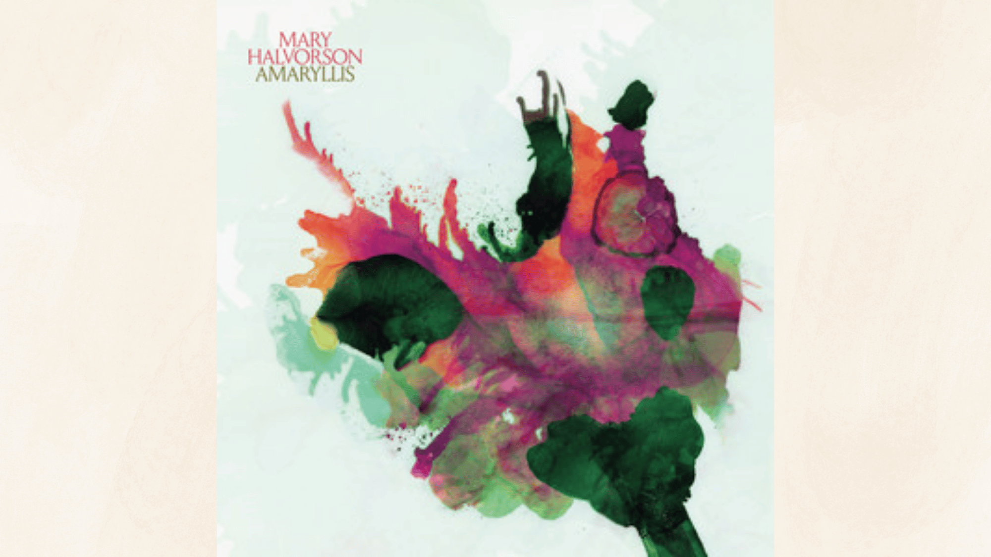 abstract watercolor album artwork with vibrant pink and green ink splashes on soft white background