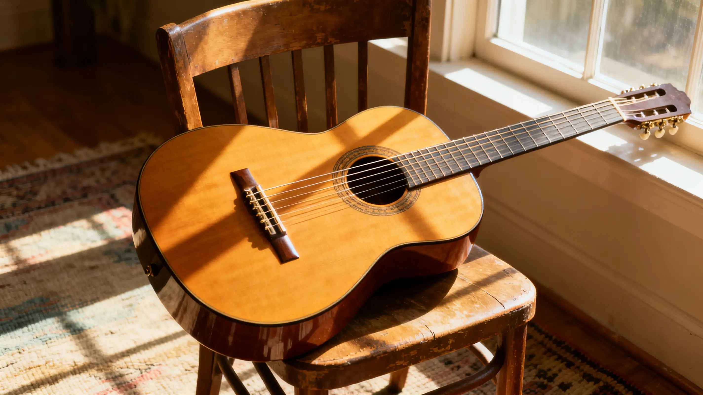 Acoustic guitar resting on wooden chair in sunlit room by the window