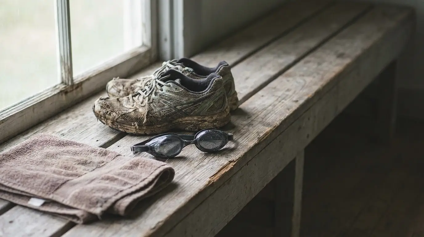 Muddy running shoes and swimming goggles on rustic wooden bench by window